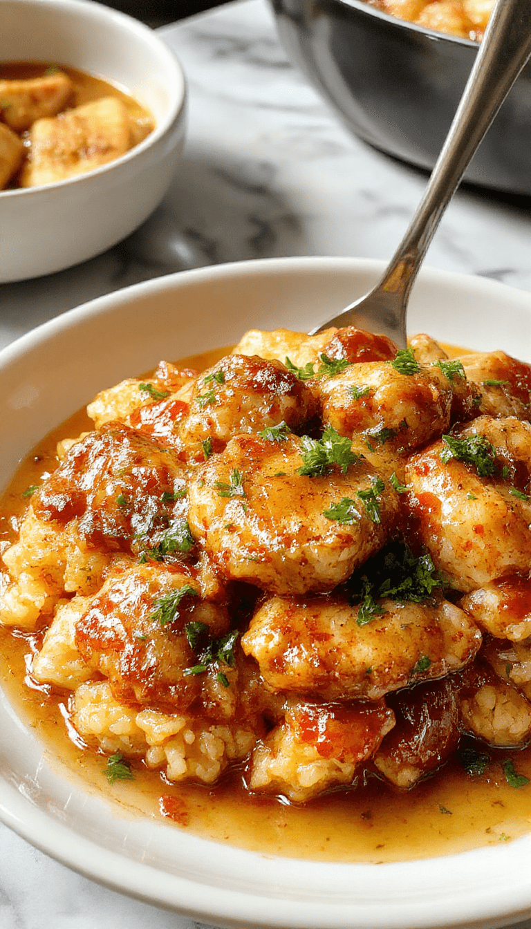 A rustic ceramic plate featuring tender shredded chicken smothered in a creamy gravy, topped with fresh herbs, served alongside fluffy seasoned rice, with a warm, inviting background showing a cozy dining setting with soft lighting.