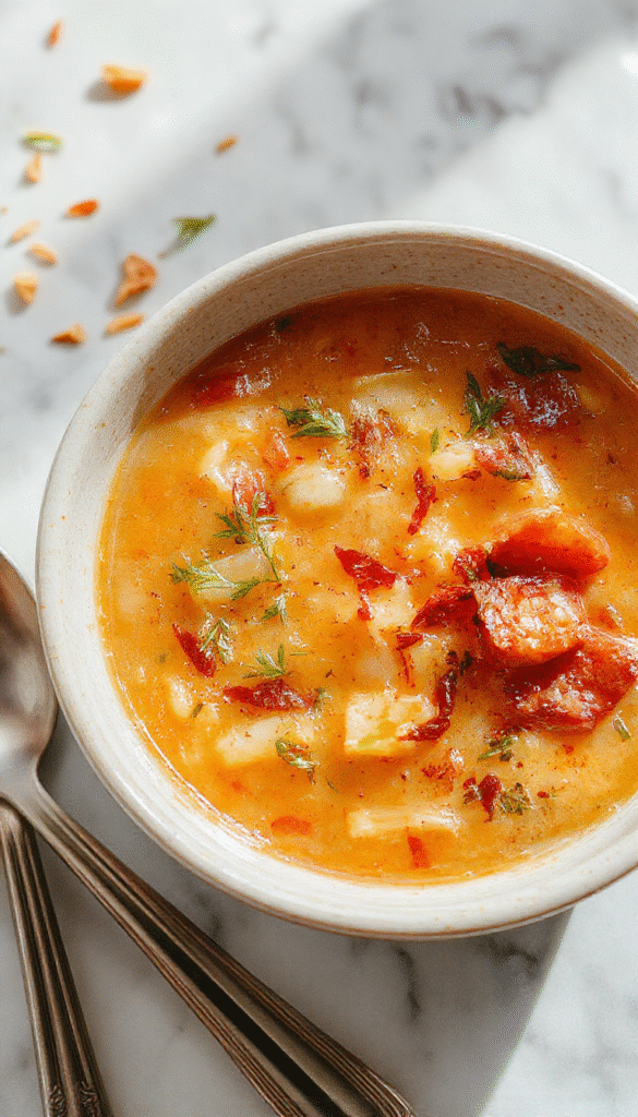 A warm bowl of cozy autumn wild rice soup garnished with fresh herbs and chunks of vegetables, served on a rustic wooden table with a cinnamon stick and autumn leaves in the background. The soup has a creamy texture with hints of orange and green from carrots and herbs, inviting comfort and seasonal flavors.