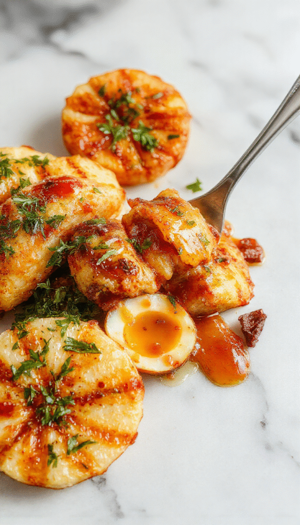 A vibrant plate featuring roasted seasonal vegetables, tender slices of turkey, and a sprinkle of fresh herbs, set on a rustic wooden table with fall leaves in the background, showcasing warm, cozy comfort food textures and inviting colors.