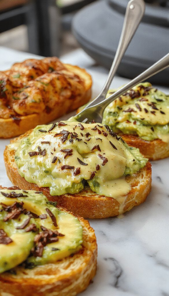 A vibrant plate of avocado toast featuring crushed ripe avocados spread over toasted artisan bread, topped with cherry tomatoes, a drizzle of olive oil, sprinkled with sesame seeds, and garnished with fresh parsley, all set on a rustic wooden table with a blurred background of kitchen utensils.
