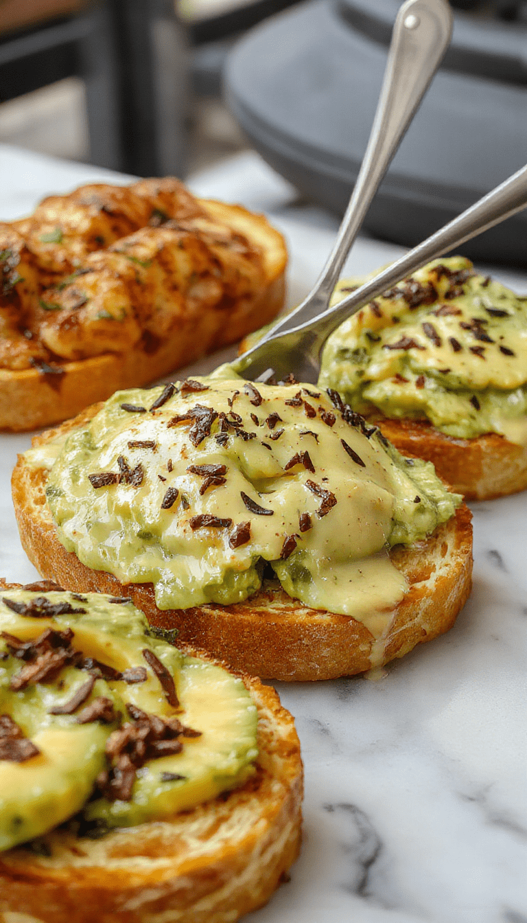 A vibrant plate of avocado toast featuring crushed ripe avocados spread over toasted artisan bread, topped with cherry tomatoes, a drizzle of olive oil, sprinkled with sesame seeds, and garnished with fresh parsley, all set on a rustic wooden table with a blurred background of kitchen utensils.