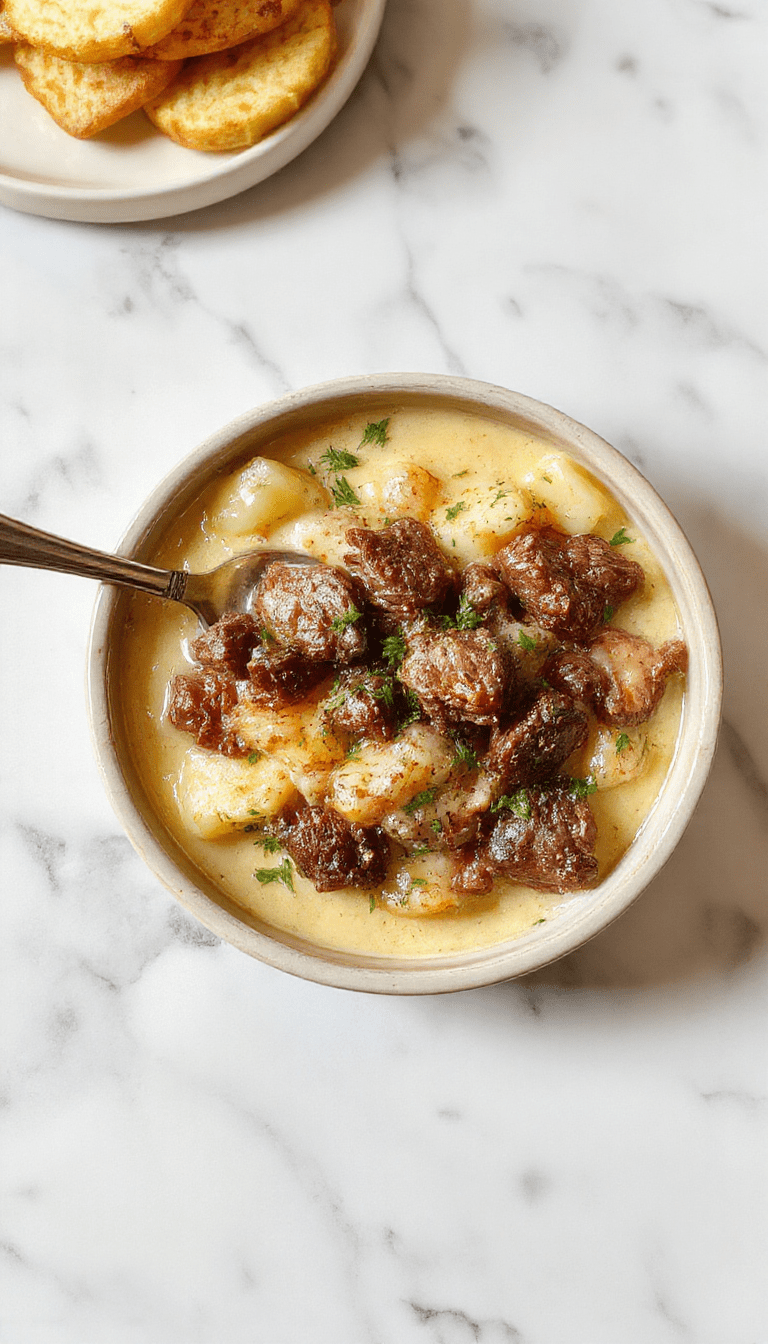 A rustic white bowl filled with creamy cheesy beef and tender potatoes, garnished with fresh herbs on a wooden table, with steam rising, showcasing a hearty and inviting comfort dish.