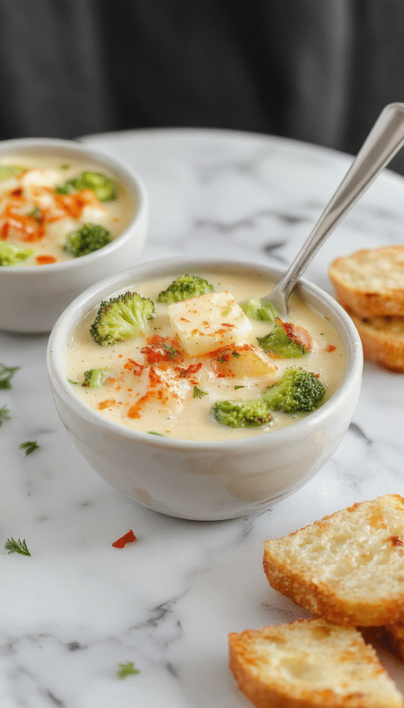 A steaming bowl of creamy broccoli potato cheese soup with vibrant green broccoli florets, golden melted cheese on top, and a rustic spoon resting beside the bowl on a wooden surface, surrounded by fresh broccoli and potatoes, with a swirl of cream drizzled over the soup, showcasing rich textures and inviting colors.