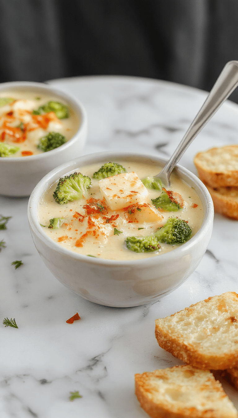 A steaming bowl of creamy broccoli potato cheese soup with vibrant green broccoli florets, golden melted cheese on top, and a rustic spoon resting beside the bowl on a wooden surface, surrounded by fresh broccoli and potatoes, with a swirl of cream drizzled over the soup, showcasing rich textures and inviting colors.