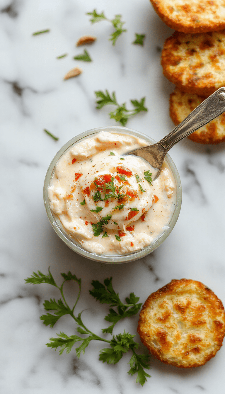 A vibrant bowl of creamy bruschetta dip topped with chopped fresh tomatoes, basil leaves, and a drizzle of olive oil, served with toasted baguette slices arranged around the bowl on a rustic wooden platter