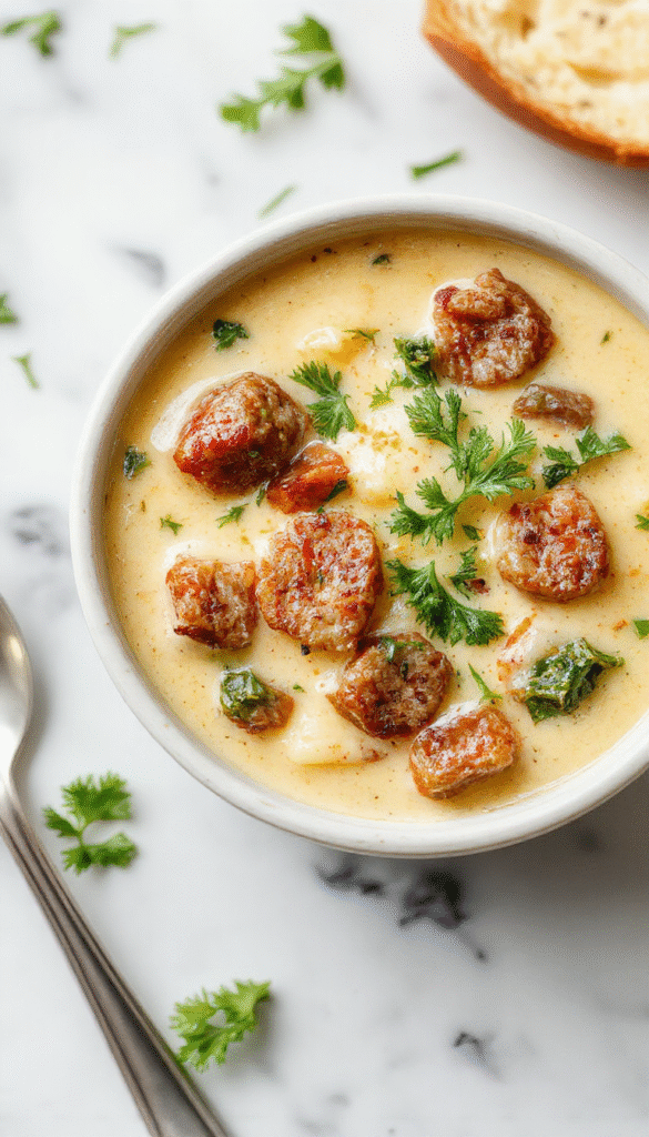 A vibrant bowl of creamy cauliflower sausage kale soup showcasing bright green kale leaves, tender cauliflower florets submerged in a creamy white broth, garnished with herbs and slices of sausage, presented on a rustic wooden table with a spoon.