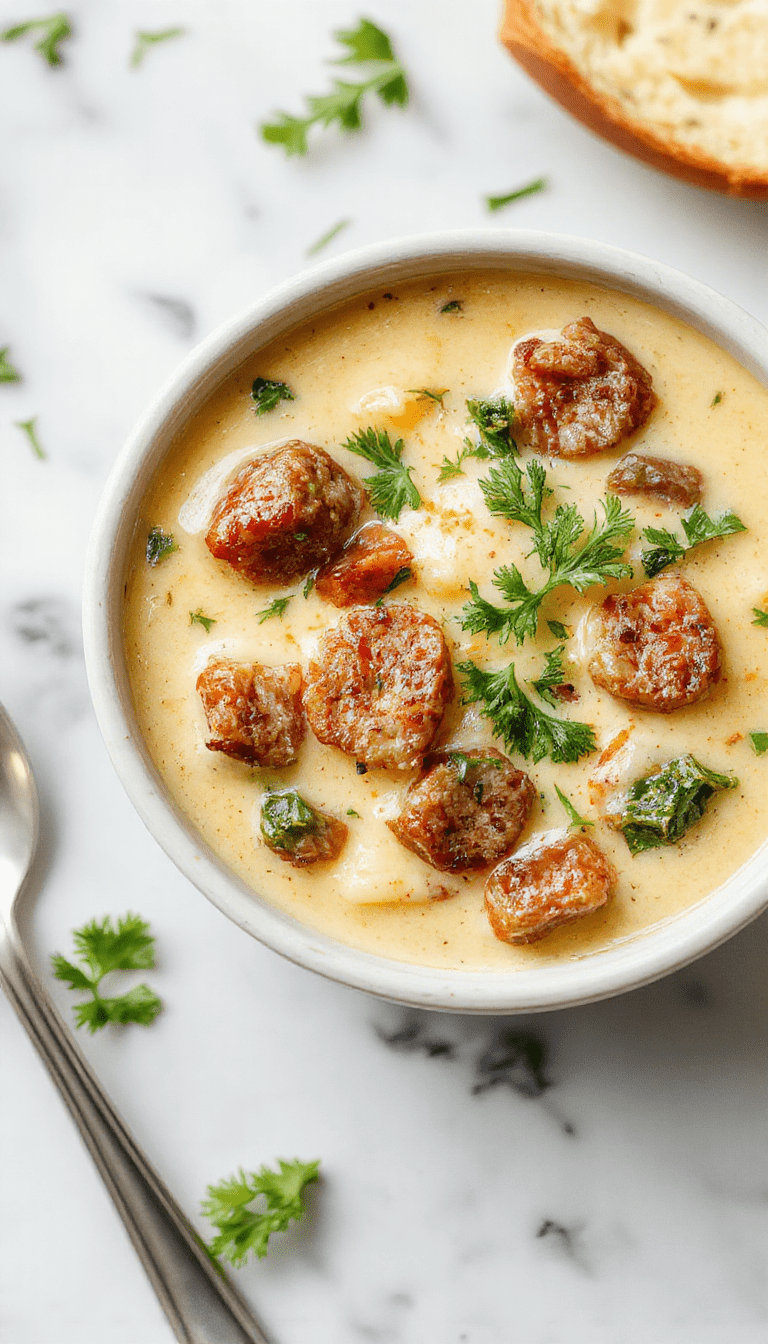 A vibrant bowl of creamy cauliflower sausage kale soup showcasing bright green kale leaves, tender cauliflower florets submerged in a creamy white broth, garnished with herbs and slices of sausage, presented on a rustic wooden table with a spoon.