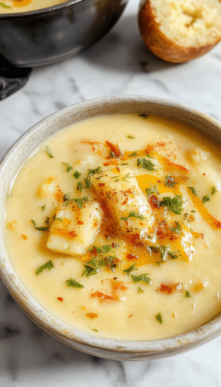 A steaming bowl of creamy potato soup topped with melted cheddar cheese, fresh chopped herbs, and crispy garlic croutons, served in a rustic white bowl on a wooden table with a side of crusty bread.