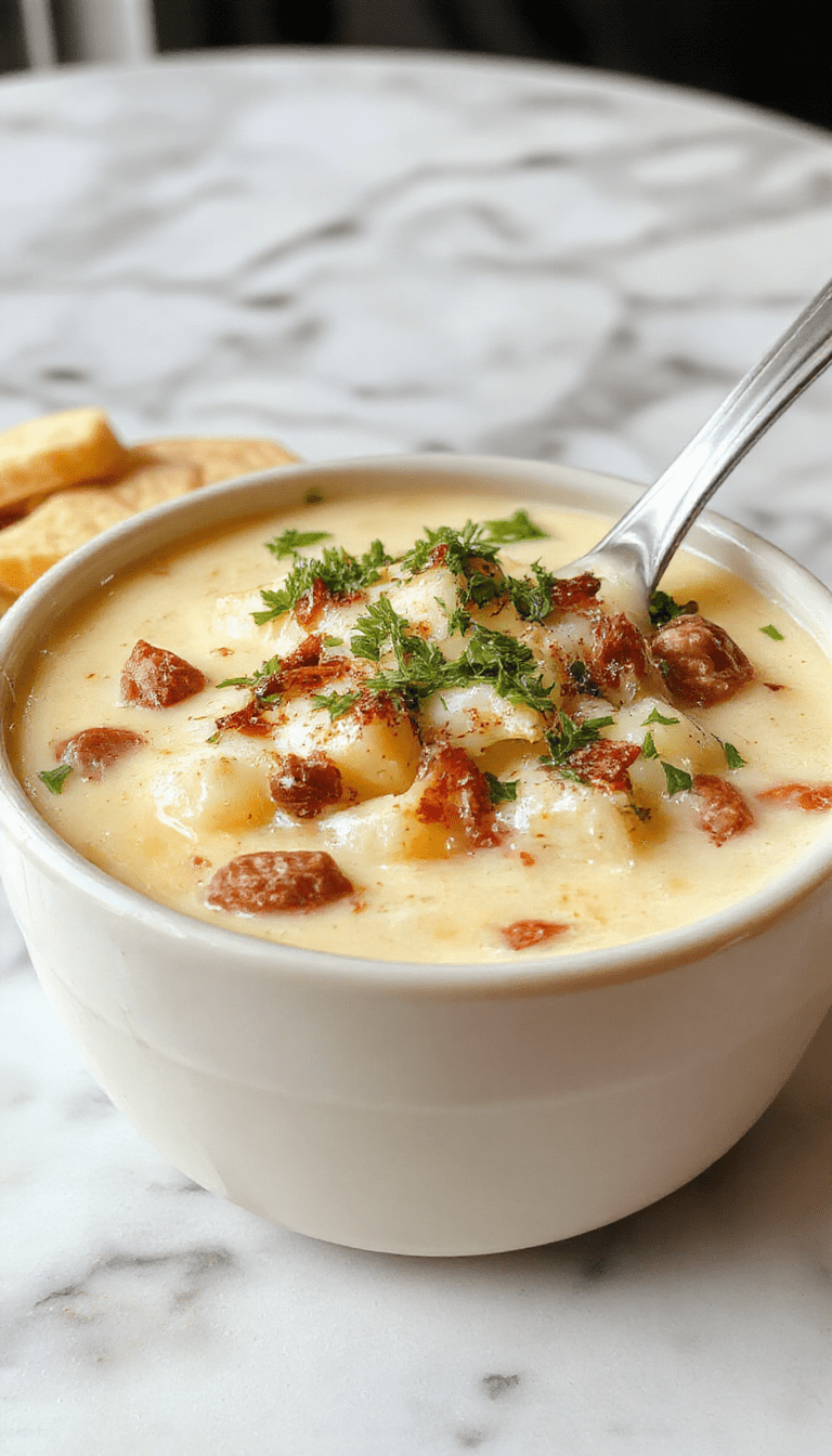 A vibrant bowl of cheesesteak potato soup featuring a creamy, golden broth topped with melted cheese, sliced steak pieces, chopped green onions, and crispy potato chunks, garnished with fresh herbs on a rustic wooden table.