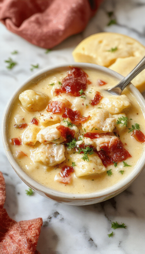 A vibrant bowl of creamy chicken bacon gnocchi soup featuring golden-brown crispy bacon, tender potato gnocchi smothered in a rich, velvety white sauce, garnished with chopped fresh herbs and a sprinkle of black pepper, served on a rustic wooden plate with steam rising, creating an inviting and hearty appearance.