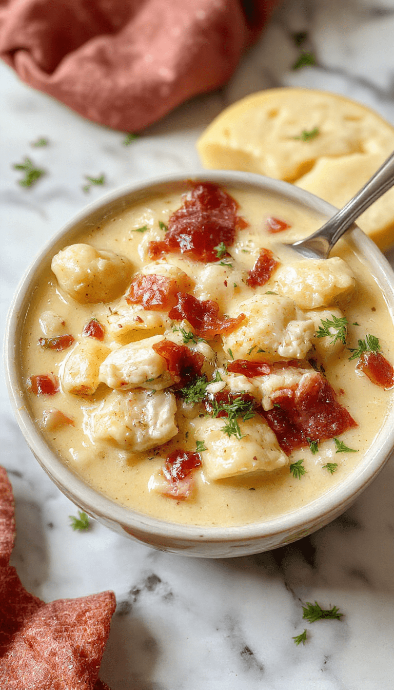 A vibrant bowl of creamy chicken bacon gnocchi soup featuring golden-brown crispy bacon, tender potato gnocchi smothered in a rich, velvety white sauce, garnished with chopped fresh herbs and a sprinkle of black pepper, served on a rustic wooden plate with steam rising, creating an inviting and hearty appearance.