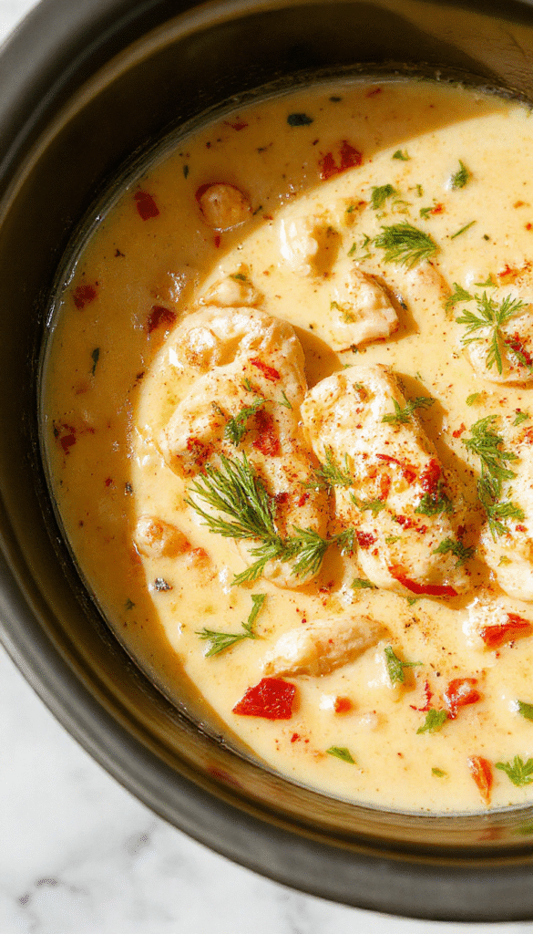 A steaming bowl of creamy chicken parmesan soup topped with melted mozzarella cheese, garnished with fresh basil leaves. The soup appears rich and velvety with chunks of tender chicken and pasta visible, served on a rustic wooden table with a sprinkle of parmesan cheese nearby.