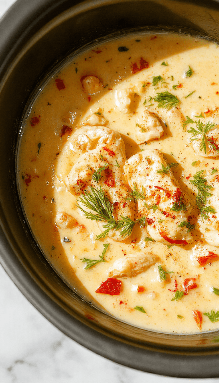 A steaming bowl of creamy chicken parmesan soup topped with melted mozzarella cheese, garnished with fresh basil leaves. The soup appears rich and velvety with chunks of tender chicken and pasta visible, served on a rustic wooden table with a sprinkle of parmesan cheese nearby.