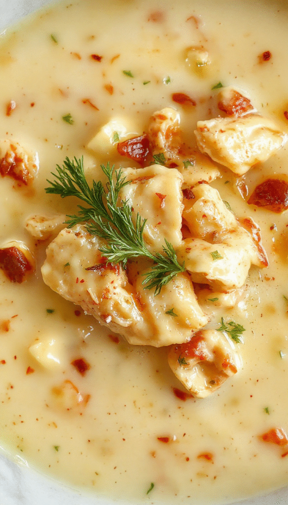 A bowl of creamy chicken pasta soup garnished with fresh herbs, featuring tender shredded chicken, al dente pasta, and a rich, velvety broth in a rustic bowl, with a side of crusty bread and vibrant green herbs on a wooden table