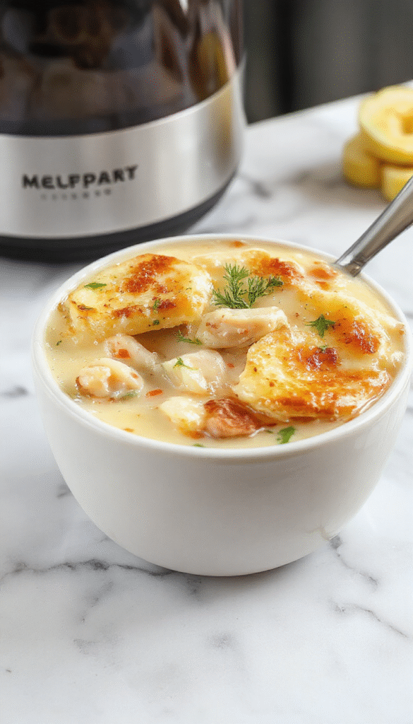 A warm bowl of chicken pot pie soup featuring tender shredded chicken, creamy broth with chunks of vegetables and golden pie crust crumbles on top, garnished with fresh herbs, styled on a rustic wooden table with a spoon and napkin nearby, vibrant warm tones highlighting the richness and comforting appeal