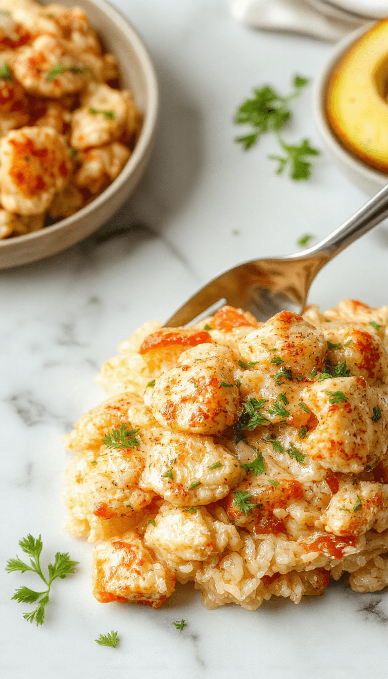 A close-up of a creamy chicken and rice dish in a white bowl, topped with fresh herbs, showcasing tender chicken pieces, fluffy rice, and a rich, creamy sauce with a sprinkle of parsley, set against a rustic wooden table with a spoon and napkin.