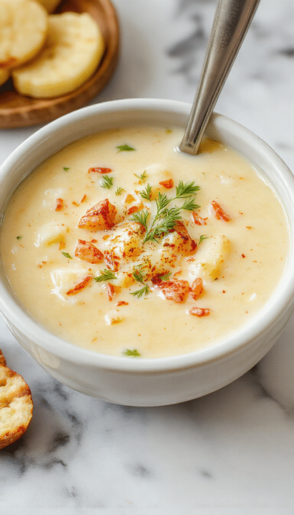 A bowl of creamy potato soup garnished with chopped green onions and crispy bacon bits, set on a rustic wooden table with a spoon beside it and fresh herbs in the background, showcasing a warm, inviting color palette and a cozy presentation.