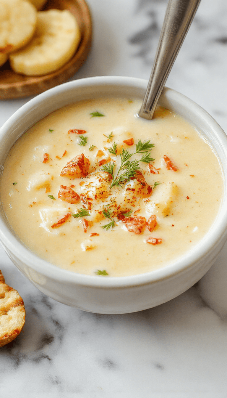 A bowl of creamy potato soup garnished with chopped green onions and crispy bacon bits, set on a rustic wooden table with a spoon beside it and fresh herbs in the background, showcasing a warm, inviting color palette and a cozy presentation.