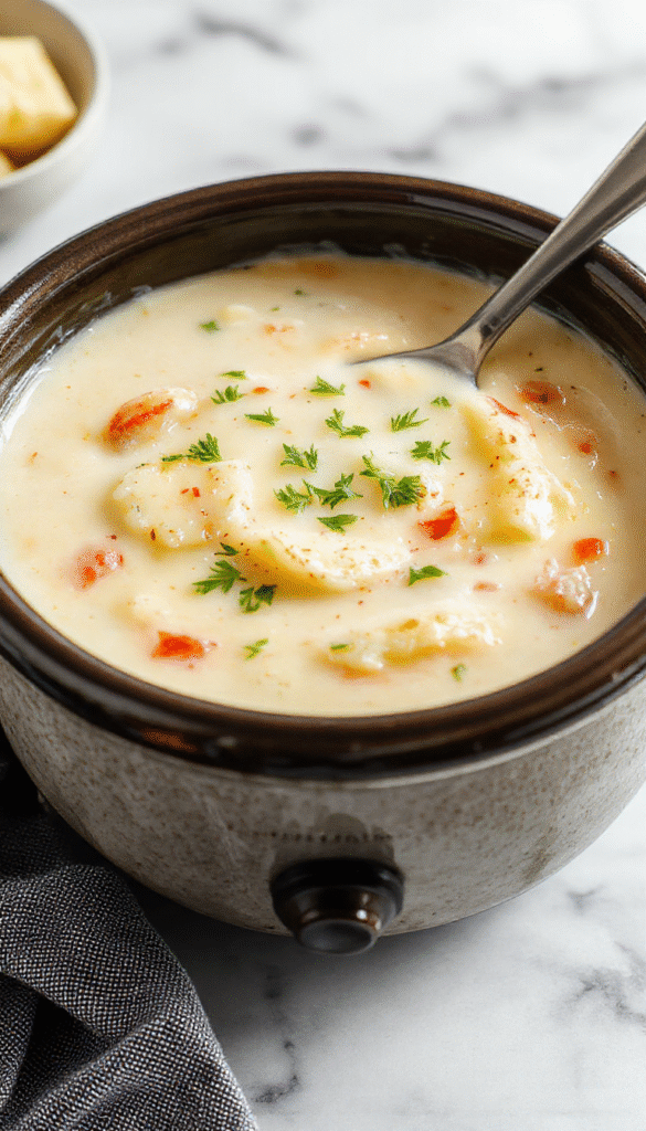 A steaming bowl of creamy potato soup garnished with chopped green onions and shredded cheese, served in a rustic white bowl on a wooden table, with a side of crusty bread and fresh herbs, showcasing a rich and hearty texture with smooth, velvety consistency and vibrant colors.