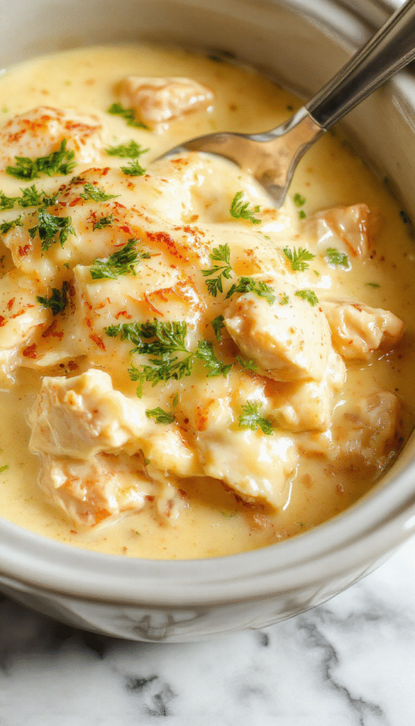 A creamy chicken alfredo dish served in a white bowl, featuring tender shredded chicken topped with rich Alfredo sauce, garnished with fresh parsley. The dish is steaming, with a silky sauce coating al dente fettuccine noodles, set against a rustic wooden table with garlic bread slices on the side, styled with a sprig of basil for freshness.