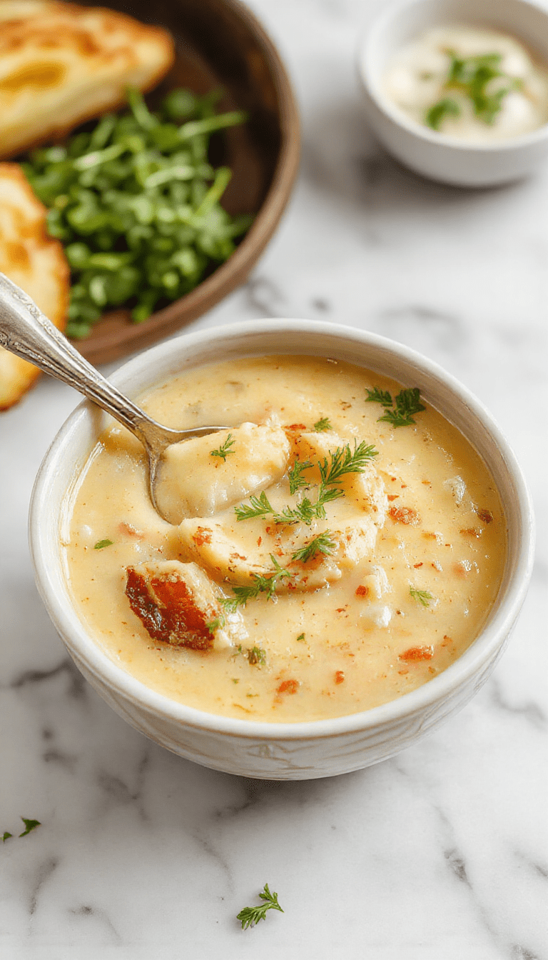 A steaming bowl of creamy baked potato soup garnished with chopped chives and shredded cheese, served on a rustic wooden table with a bread roll on the side, showcasing a comforting and inviting fall presentation with rich textures and vibrant green herbs.