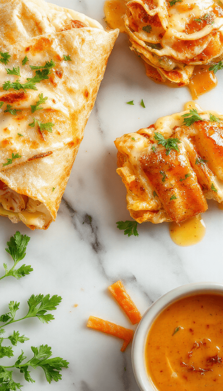 A close-up of golden-brown chicken wraps filled with melted cheese, fresh garlic, and herbs, drizzled with creamy sauce, served on a rustic plate with a leafy garnish, vibrant colors and crispy textures