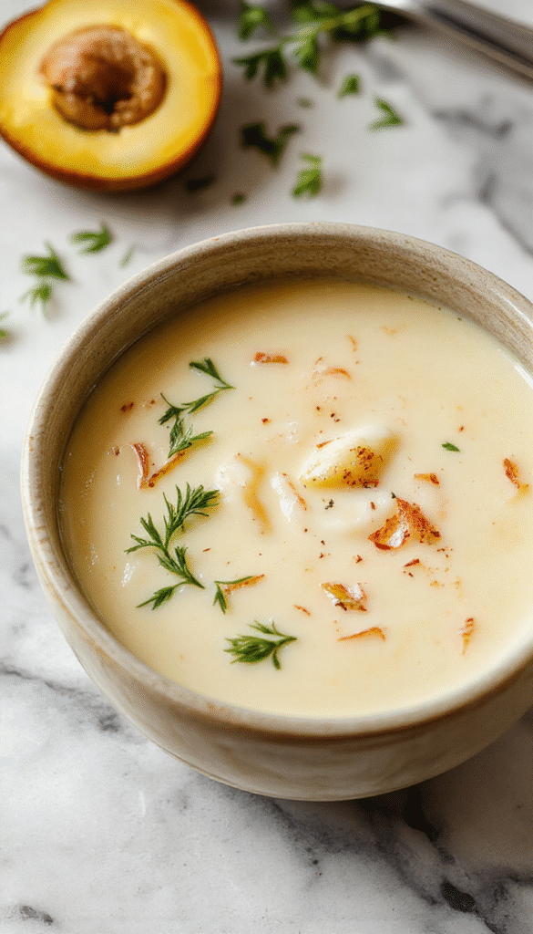 A vibrant bowl of creamy garlic soup with a golden hue, topped with fresh chopped herbs and a swirl of olive oil, served on a rustic wooden table with crusty bread on the side.