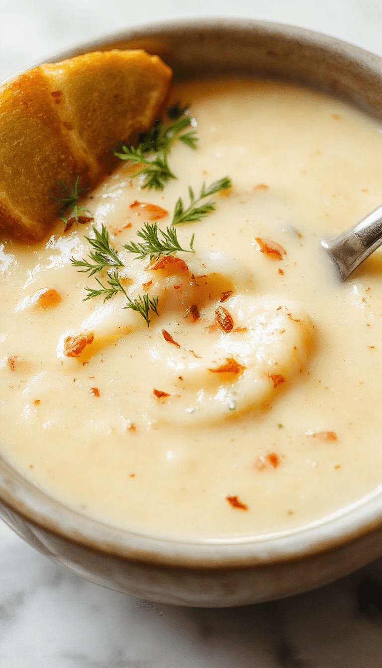 A vibrant bowl of creamy gluten-free potato soup garnished with chopped chives and a dollop of sour cream, surrounded by rustic wooden background and fresh potatoes, steam rising to showcase its rich texture and inviting warmth.