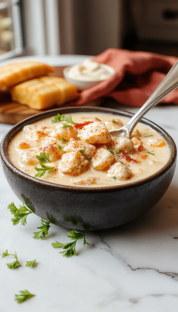 A vibrant bowl of creamy white chicken chili topped with chopped cilantro and shredded cheese. The soup is chunky with tender chicken, white beans, and diced peppers, served in a rustic white bowl on a wooden table with fresh herbs and a spoon, showcasing a warm, inviting, and hearty dish with a smooth texture and bright garnishes.