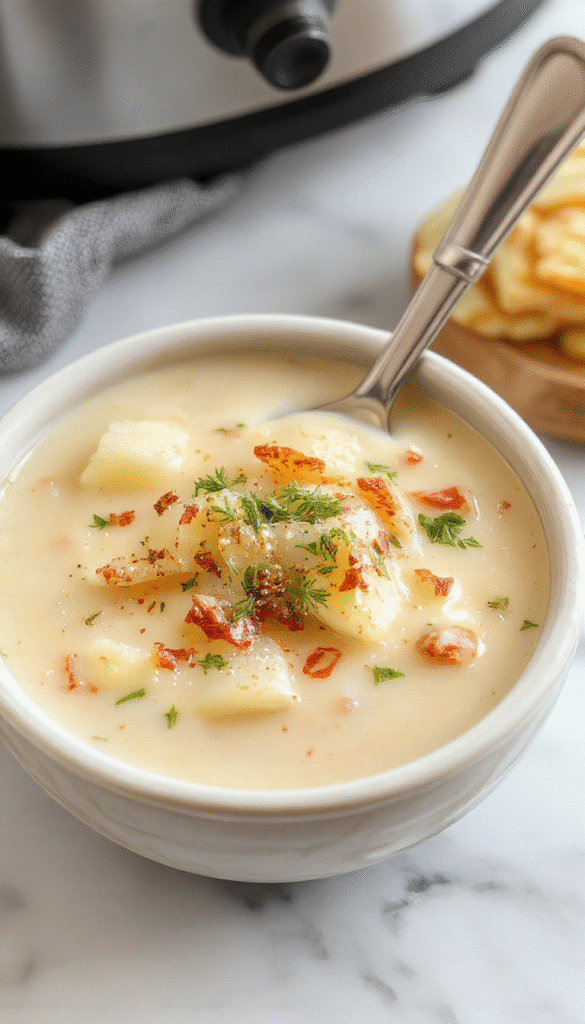 A steaming bowl of creamy loaded crockpot potato soup topped with shredded cheese, crispy bacon bits, green onions, and a dollop of sour cream, served in a rustic bowl on a wooden table with a spoon and fresh herbs; vibrant yellow and white potato chunks visible through the creamy broth, garnished for presentation