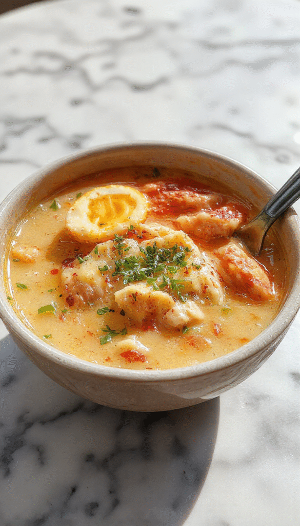 A vibrant bowl of creamy Marry Me Chicken Ramen featuring tender chicken pieces nestled among rich, glossy broth with perfectly cooked noodles, garnished with fresh green herbs, served on a rustic wooden table with a cozy ambiance.