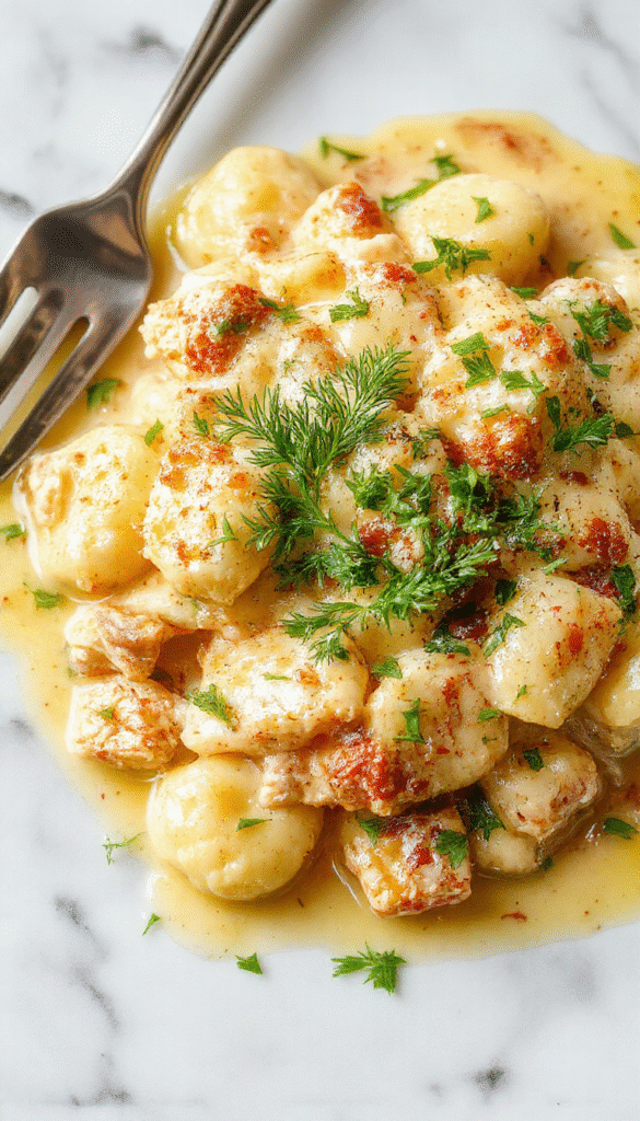 A vibrant, close-up image of a bubbling creamy chicken gnocchi pot pie in a rustic clay dish. The golden-brown crust edges are slightly crisp, with some flaky layers visible. Inside, the filling reveals tender gnocchi, chunks of juicy chicken, and colorful vegetables like peas and carrots. The dish is topped with fresh herbs, and steam rises from the hot meal, styled with a rustic wooden background and cozy ambiance.
