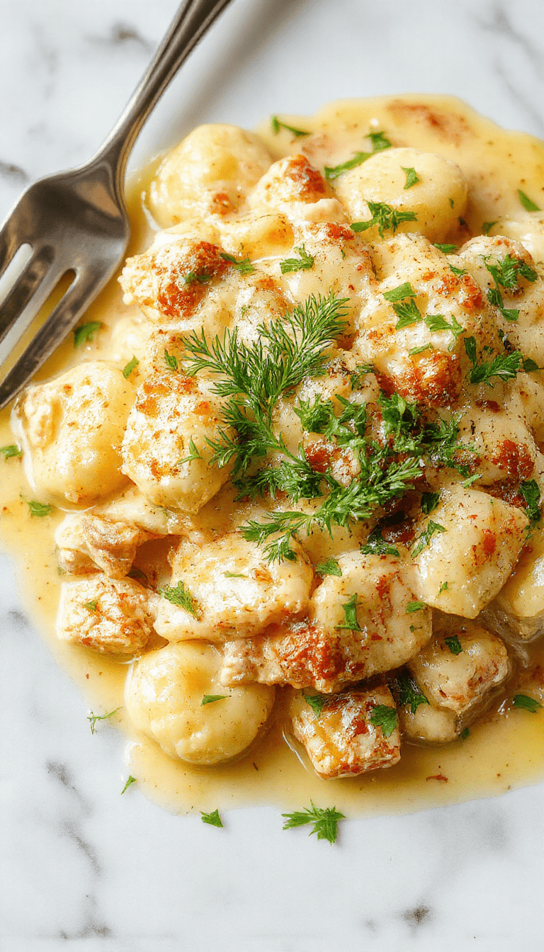 A vibrant, close-up image of a bubbling creamy chicken gnocchi pot pie in a rustic clay dish. The golden-brown crust edges are slightly crisp, with some flaky layers visible. Inside, the filling reveals tender gnocchi, chunks of juicy chicken, and colorful vegetables like peas and carrots. The dish is topped with fresh herbs, and steam rises from the hot meal, styled with a rustic wooden background and cozy ambiance.