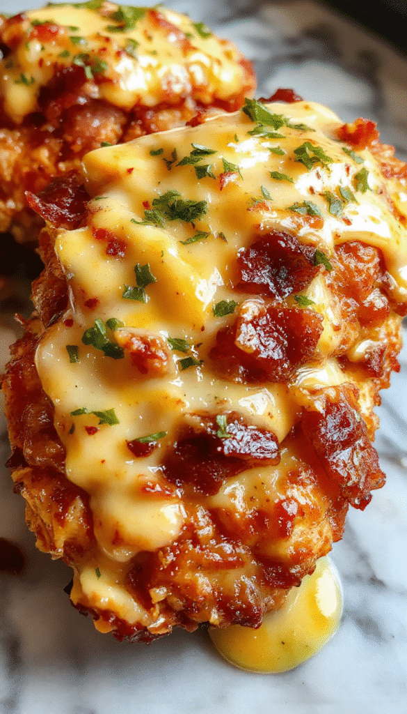 A beautifully plated Alice Springs Chicken on a white ceramic plate featuring a golden-brown baked chicken breast topped with crispy bacon, melted cheese, and a drizzle of honey mustard sauce. The dish is garnished with fresh herbs, with a side of colorful roasted vegetables and a small bowl of extra sauce. The background shows a rustic wooden table setting with natural light highlighting the textures and rich colors.