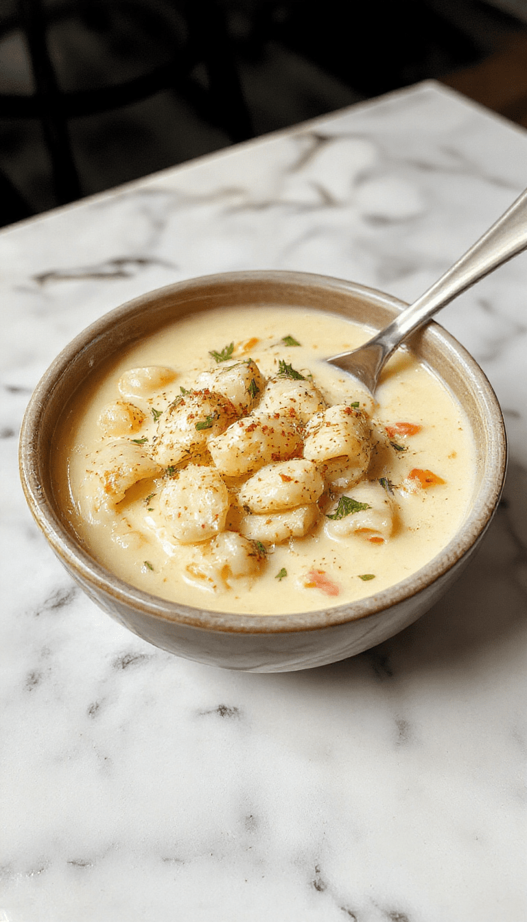 A vibrant bowl of Parmesan pasta soup featuring a golden, creamy broth with tender pasta, topped with freshly grated Parmesan cheese, chopped herbs, and a sprinkle of black pepper on a rustic wooden table with a spoon and napkin for presentation