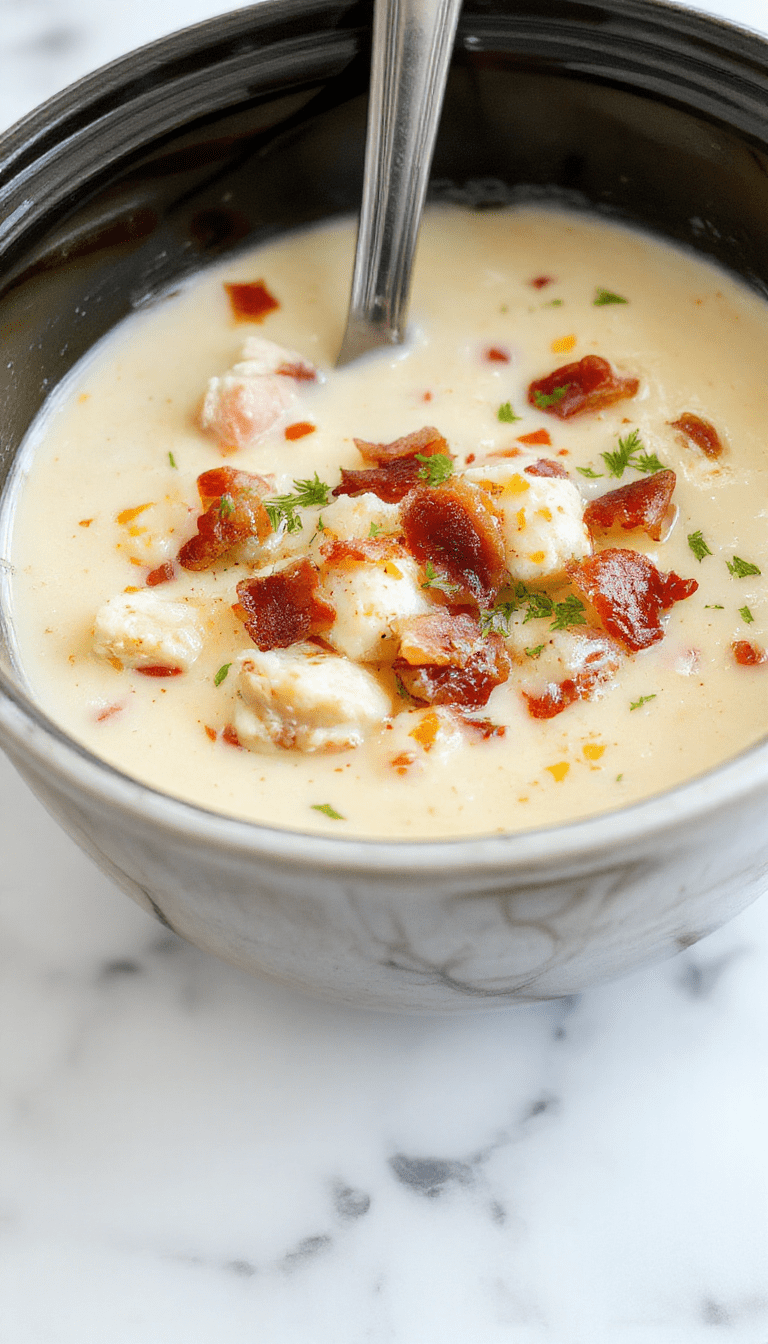 A steaming bowl of creamy chicken soup topped with crispy bacon crumbles, melted cheese, and fresh herbs. The soup has a smooth, thick texture with bits of tender shredded chicken visible. The bowl is white, placed on a rustic wooden table with a spoon beside it, and garnished with chopped green onions and shredded cheese, creating an inviting and hearty presentation.