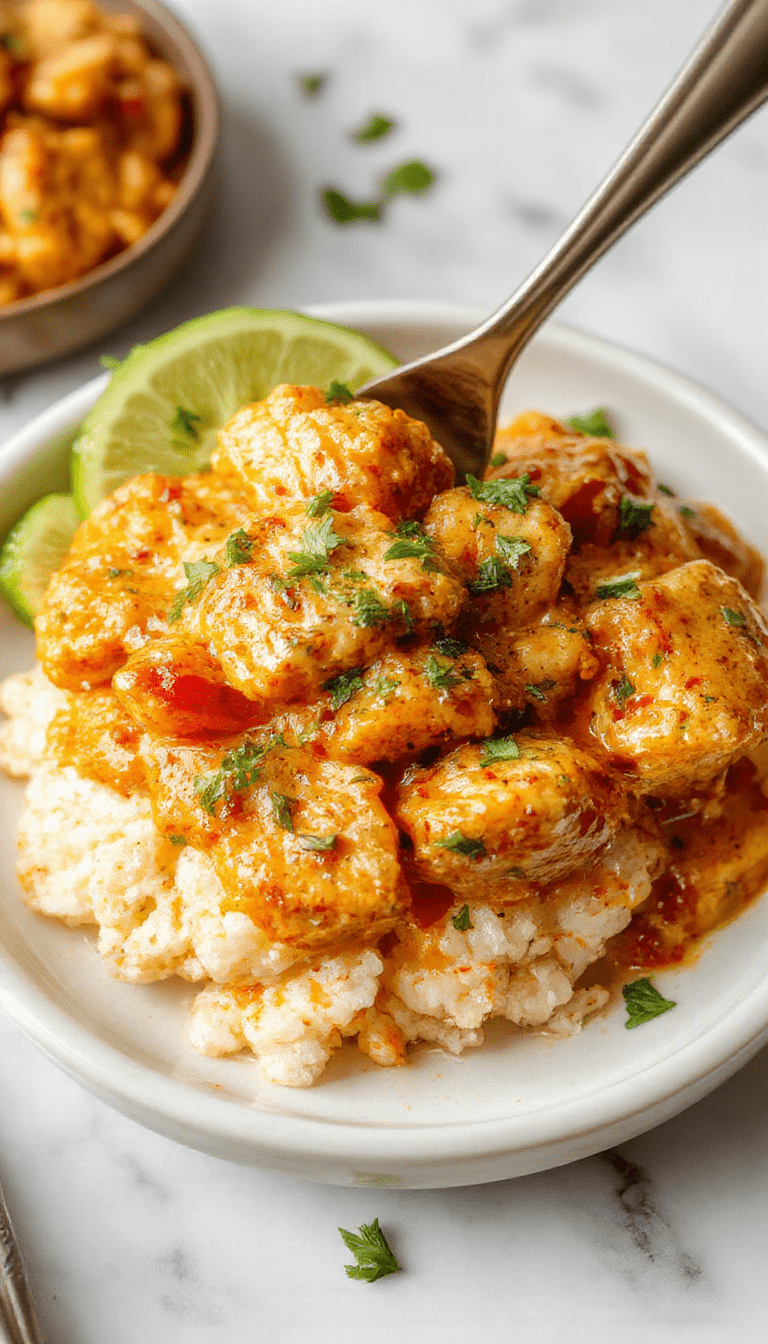 A vibrant bowl of creamy Indian butter chicken garnished with fresh cilantro, served alongside fluffy basmati rice. The rich, orange-colored sauce glistens, with tender chicken pieces visible. The dish is plated on a rustic wooden table with a spoon and naan bread nearby, styled for a warm, inviting presentation.
