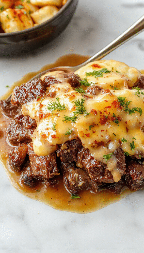 A hearty casserole dish in a white baking dish featuring layers of tender shredded steak, golden crispy cheddar cheese crust, and creamy mashed potatoes, garnished with chopped green herbs, set against a rustic wooden background with a spoon and serving utensils visible.
