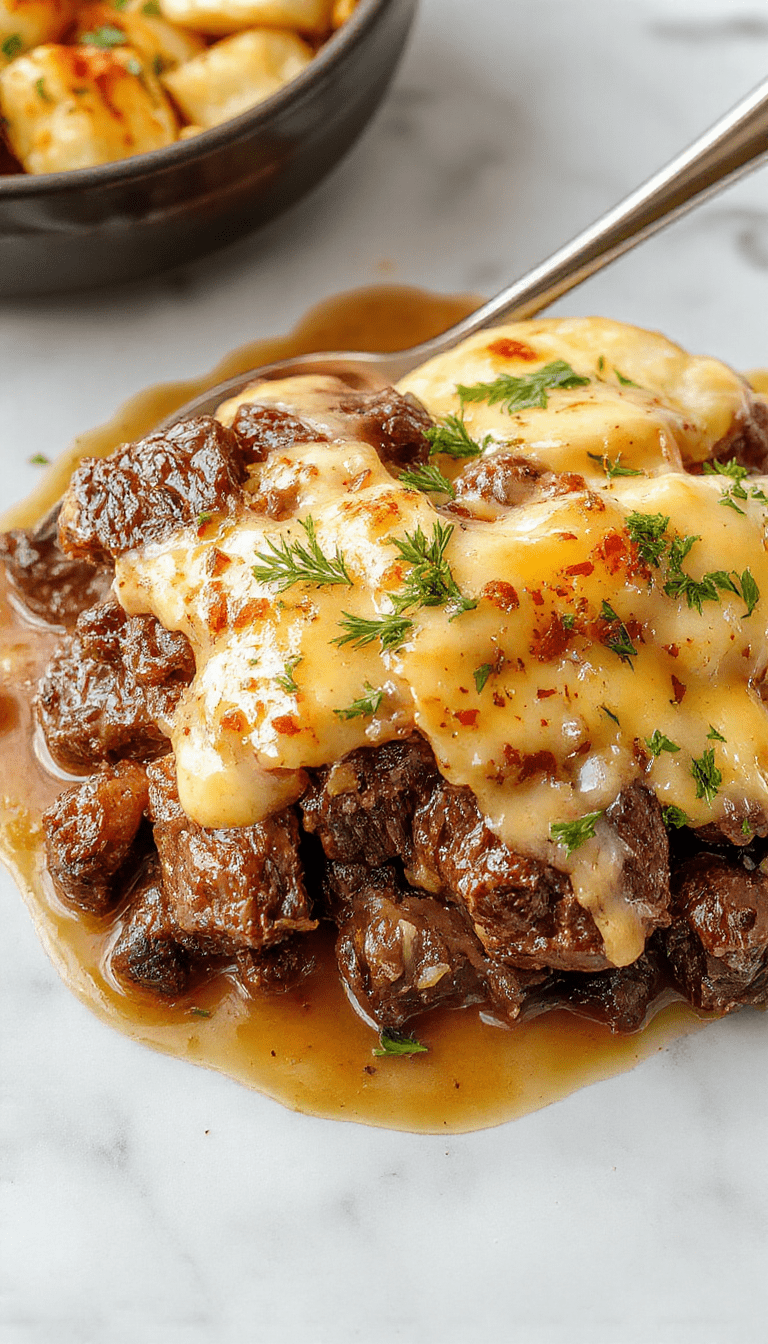 A hearty casserole dish in a white baking dish featuring layers of tender shredded steak, golden crispy cheddar cheese crust, and creamy mashed potatoes, garnished with chopped green herbs, set against a rustic wooden background with a spoon and serving utensils visible.