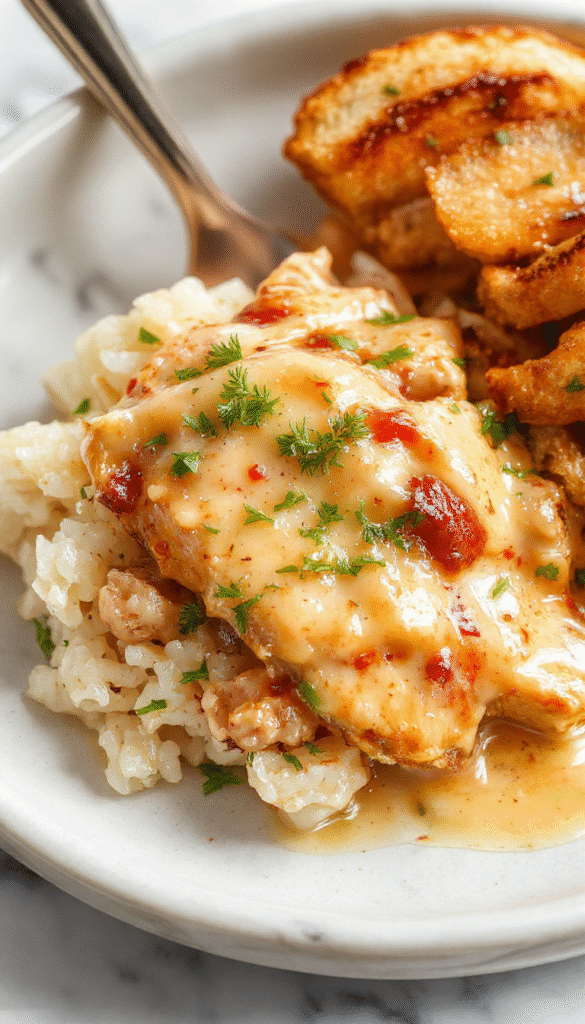 A close-up of a creamy chicken and rice dish served in a rustic white bowl, topped with fresh herbs, displaying tender shredded chicken in a rich sauce and fluffy rice, accented with vibrant green garnish, styled on a wooden table with natural lighting highlighting the textures and colors.