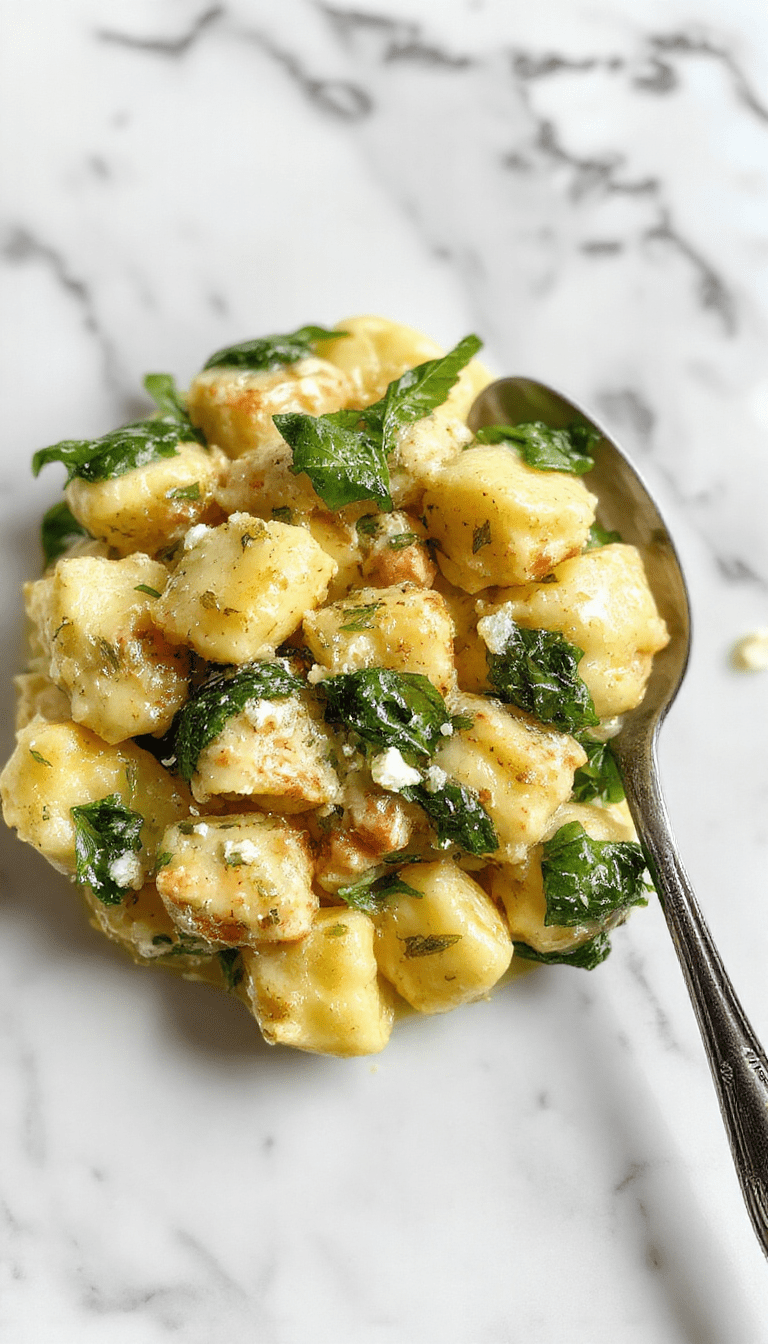 A close-up of creamy gnocchi garnished with fresh spinach and crumbled feta cheese on a white plate, showcasing the soft, golden-brown gnocchi coated in a lush creamy sauce with green spinach leaves and white feta chunks, styled with herbs on a rustic wooden table