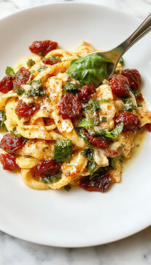 A vibrant plate of spaghetti intertwined with fresh green spinach leaves and sun-dried tomatoes, all coated in a rich, creamy white sauce with a sprinkle of herbs, presented elegantly on a rustic white dish with a fork, set against a light wooden background with basil leaves and cherry tomatoes for garnish.