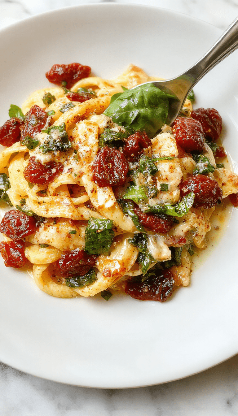 A vibrant plate of spaghetti intertwined with fresh green spinach leaves and sun-dried tomatoes, all coated in a rich, creamy white sauce with a sprinkle of herbs, presented elegantly on a rustic white dish with a fork, set against a light wooden background with basil leaves and cherry tomatoes for garnish.