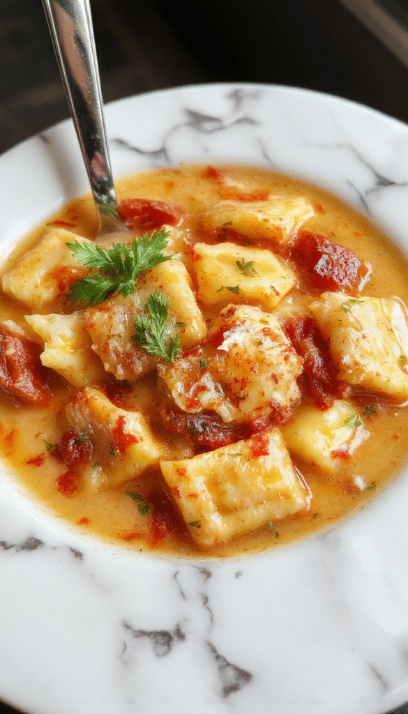 A vibrant bowl of creamy Tuscan ravioli soup featuring tender ravioli, fresh spinach, golden sun-dried tomatoes, and a rich, creamy broth garnished with grated Parmesan cheese and fresh herbs, styled in a rustic white bowl against a wooden background.