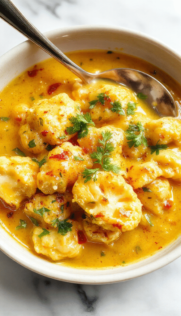 A vibrant plate of butter cauliflower curry featuring golden roasted cauliflower florets coated in a rich, creamy sauce with hints of turmeric and spices. The dish is garnished with fresh herbs, served on a white ceramic plate with a side of steamed rice, set against a rustic wooden table with a touch of greenery for a fresh, inviting look.