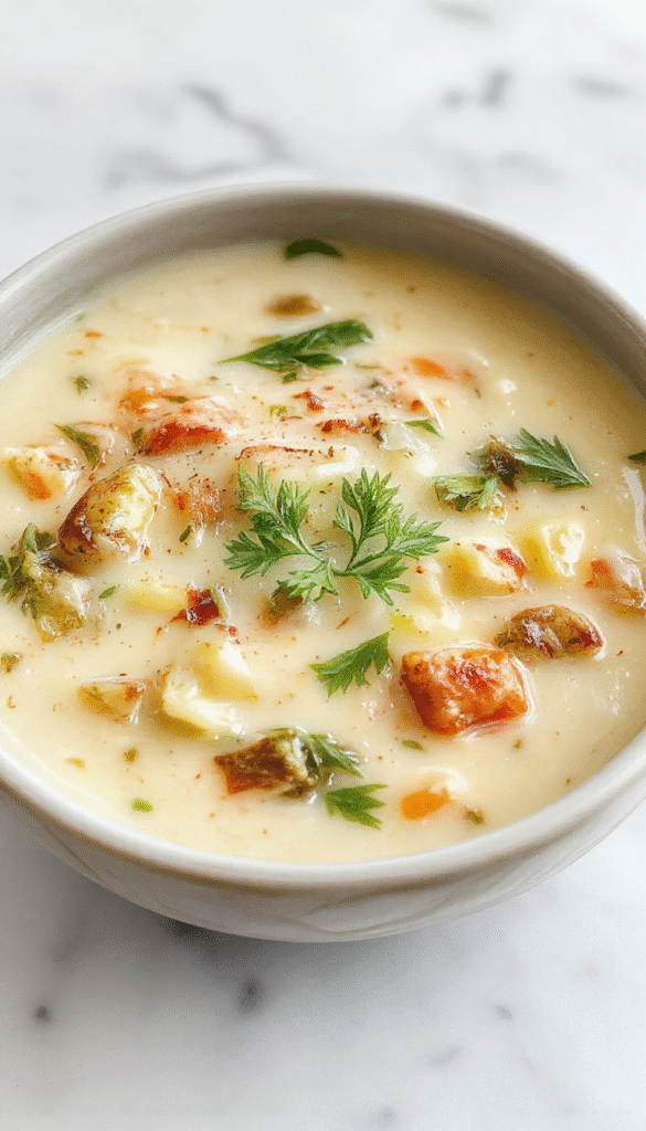 A vibrant bowl of creamy vegetable soup topped with fresh herbs, displaying colorful diced carrots, celery, spinach, and potatoes in a smooth, velvety broth, garnished with a sprig of parsley, styled on a rustic wooden table with a spoon on the side