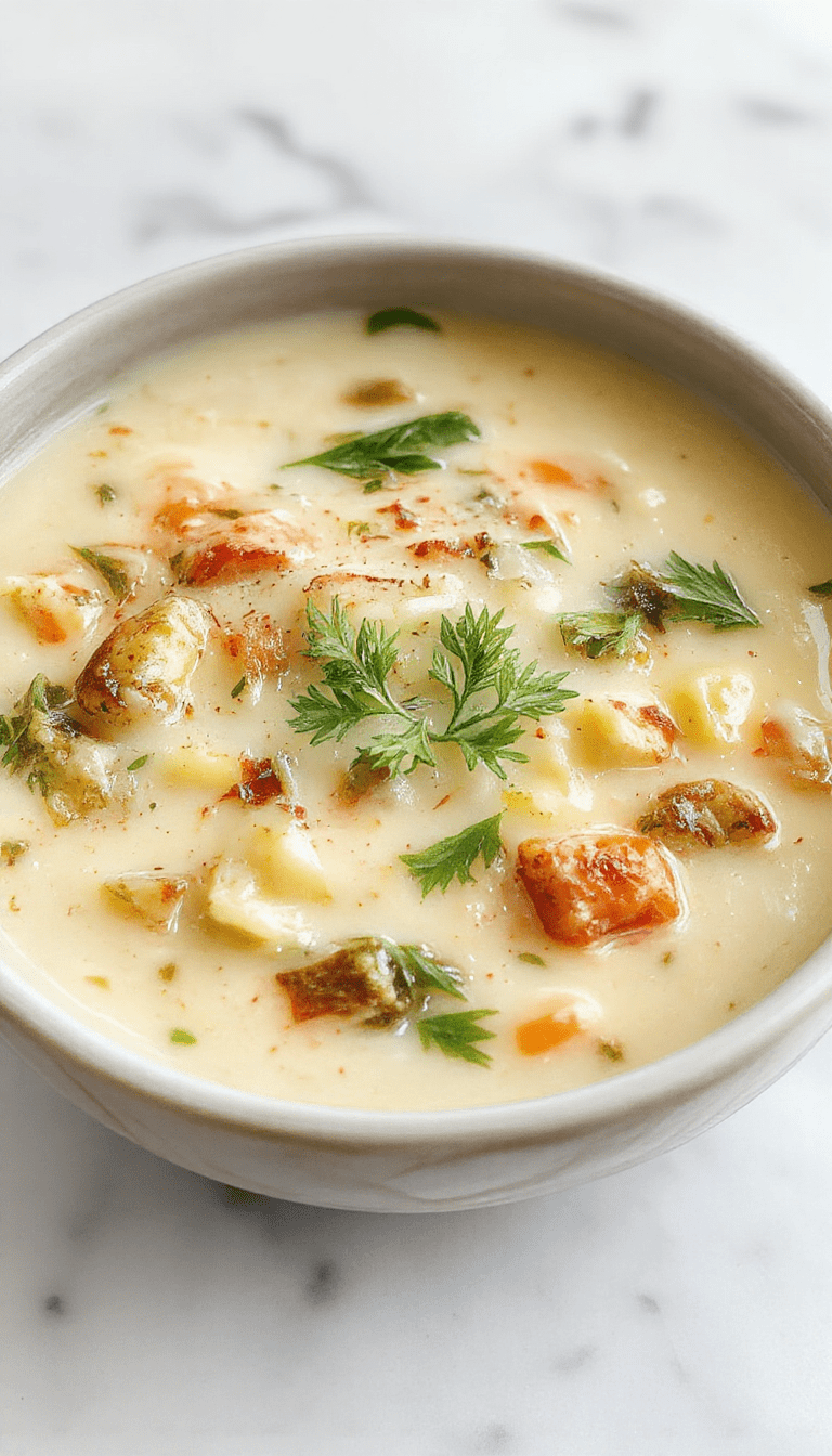 A vibrant bowl of creamy vegetable soup topped with fresh herbs, displaying colorful diced carrots, celery, spinach, and potatoes in a smooth, velvety broth, garnished with a sprig of parsley, styled on a rustic wooden table with a spoon on the side