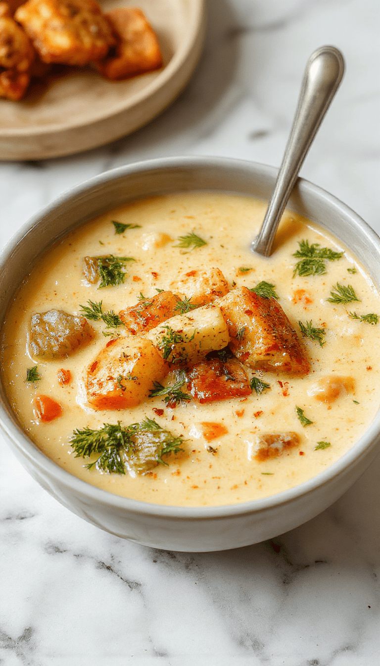 A vibrant bowl of creamy vegetable soup garnished with fresh herbs, showcasing colorful vegetables like carrots, celery, and potatoes in a rich, smooth broth, set on a rustic wooden table with accompanying soup spoon and bread slices.