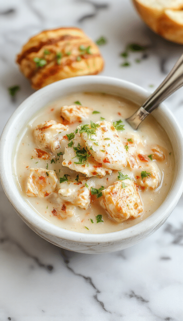 A vibrant bowl of creamy white chicken chili with tender shredded chicken, white beans, corn, and a swirl of sour cream on top, garnished with fresh cilantro. The dish is served in a rustic white bowl on a wooden table, with a side of crusty bread and a sprinkle of paprika adding warm colors. The chili’s creamy texture and colorful toppings create an inviting, comforting scene.