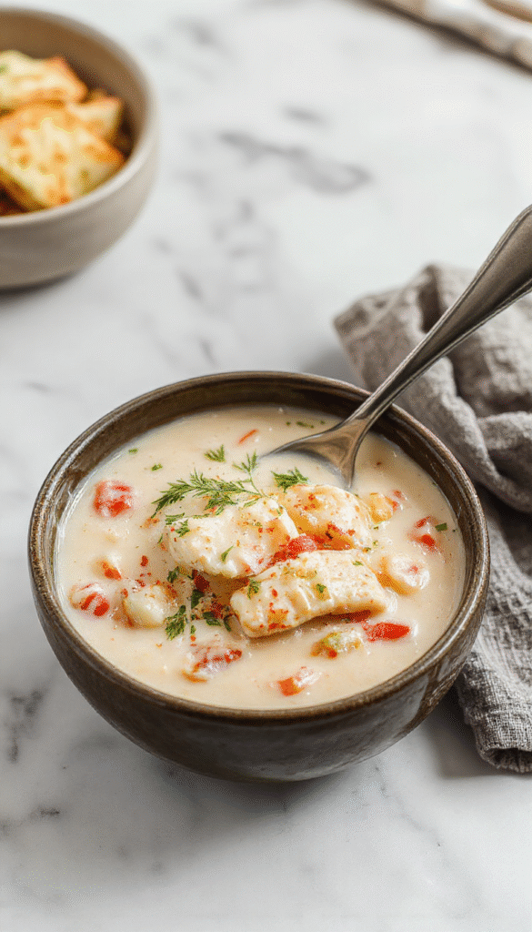 A steaming bowl of creamy white chicken chili topped with fresh cilantro and shredded cheese, served on a rustic wooden table with vibrant ingredients surrounding it, capturing the rich textures and inviting warmth of the dish in natural lighting.